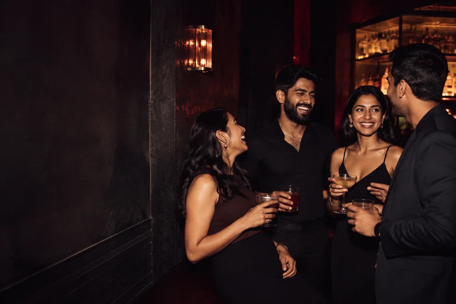 Concept image of four adults enjoying a conversation in an intimate bar